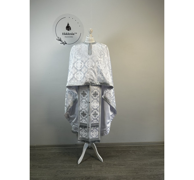 White-gold greek vestment - Priest liturgical vestment set - Phelon, stole, cuff