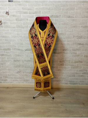 Bishop's Communion set in black/maroon brocade - Bishop Stole and cuffs in brocade - Bishop set - Small omophorion - Epitrachilion and cuffs