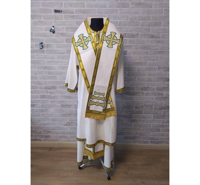 White Bishop's Vestments with green trims - Vestments for Bishop - Archbishop vestments