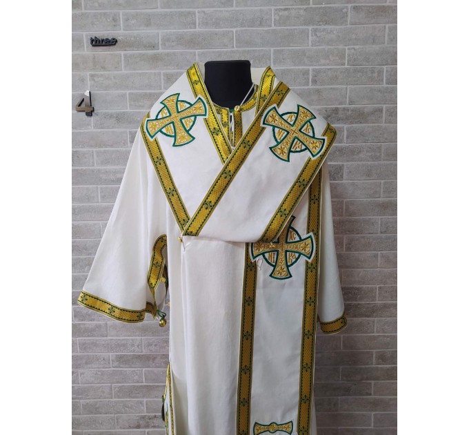 White Bishop's Vestments with green trims - Vestments for Bishop - Archbishop vestments