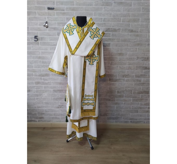 White Bishop's Vestments with green trims - Vestments for Bishop - Archbishop vestments