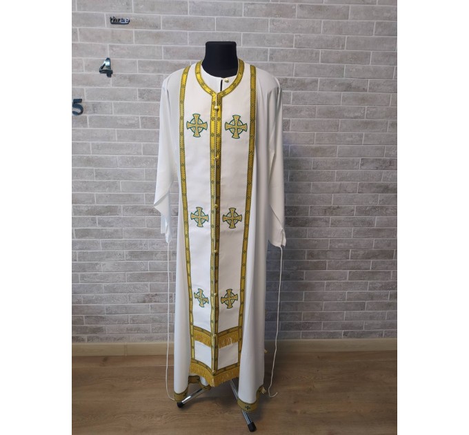 White Bishop's Vestments with green trims - Vestments for Bishop - Archbishop vestments