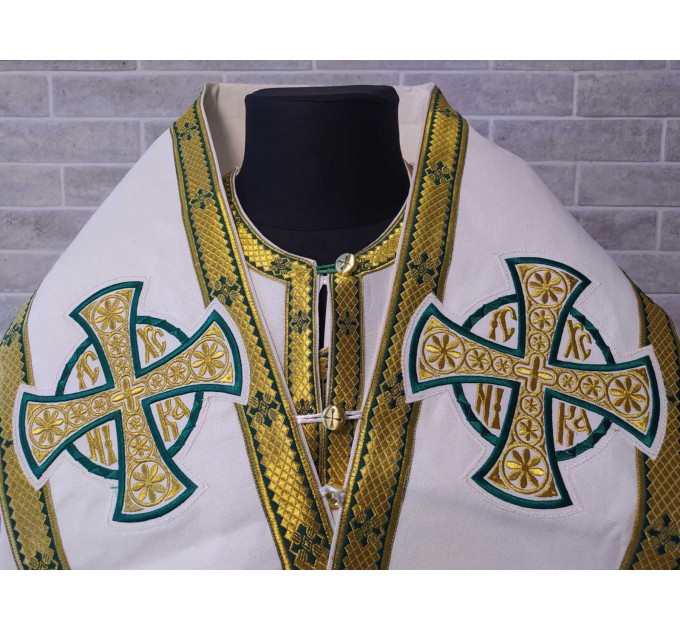 White Bishop's Vestments with green trims - Vestments for Bishop - Archbishop vestments