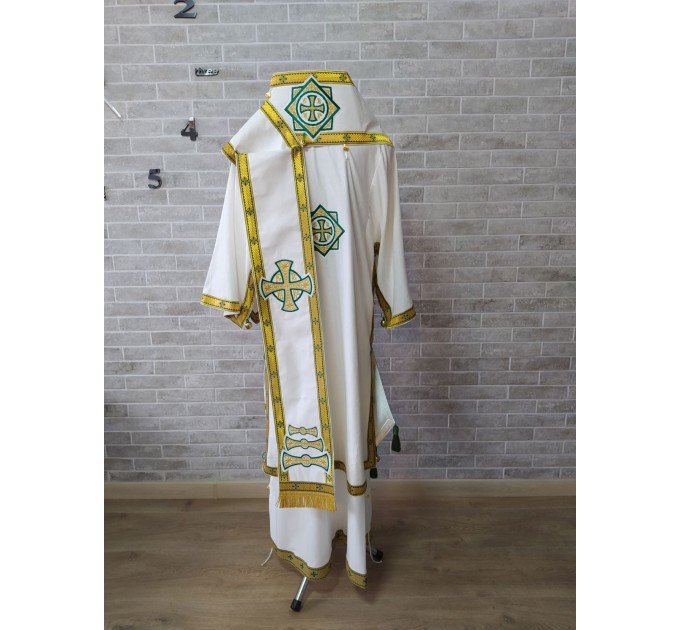 White Bishop's Vestments with green trims - Vestments for Bishop - Archbishop vestments