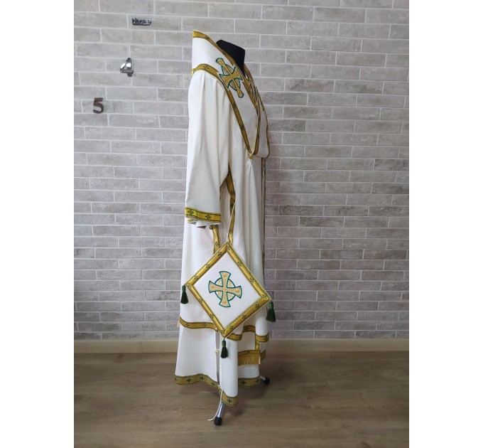 White Bishop's Vestments with green trims - Vestments for Bishop - Archbishop vestments