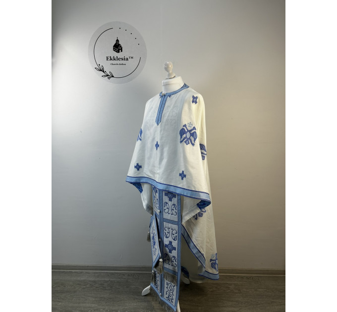 Greek vestment set - Liturgical priest vestmet set in white-blue fabric