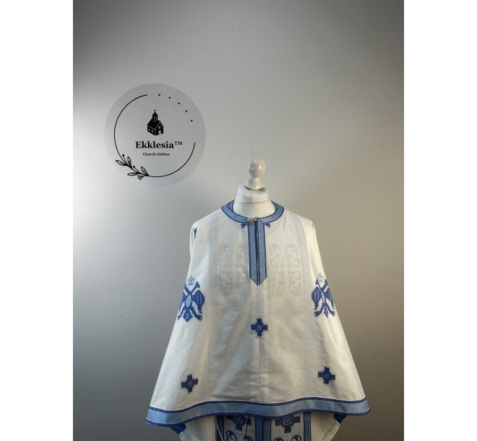 Greek vestment set - Liturgical priest vestmet set in white-blue fabric