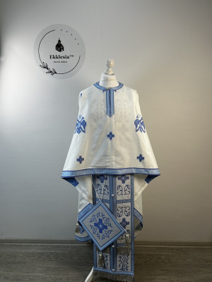 Greek vestment set - Liturgical priest vestmet set in white-blue fabric