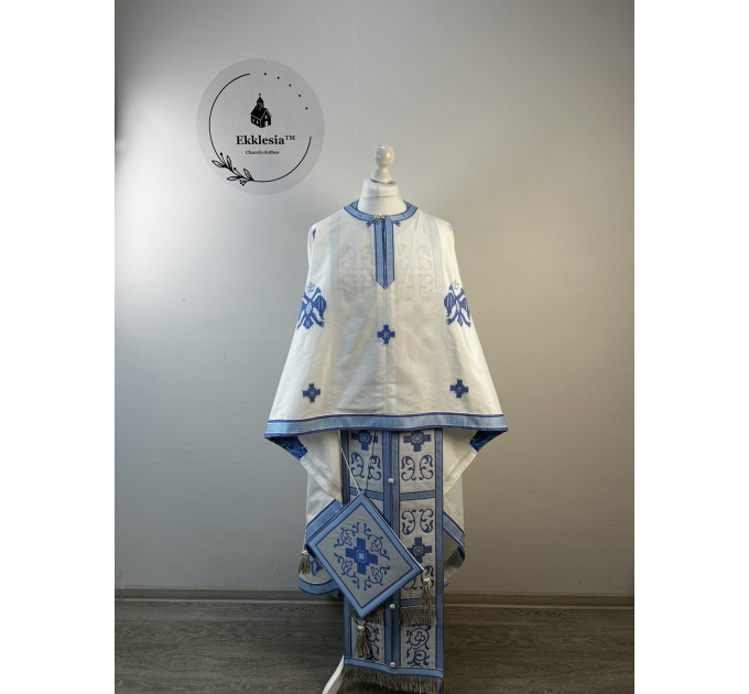 Greek vestment set - Liturgical priest vestmet set in white-blue fabric