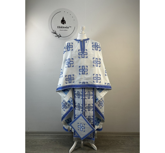 Greek vestment set for priest - Liturgical priest vestmet set white-blue
