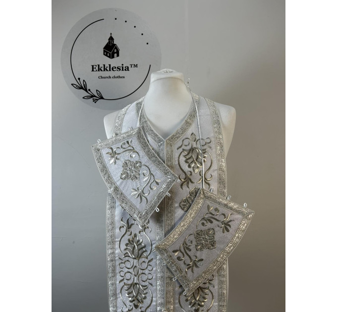 Embroidered white priest stole and cuffs - Epitrachil and cuffs - Communion set
