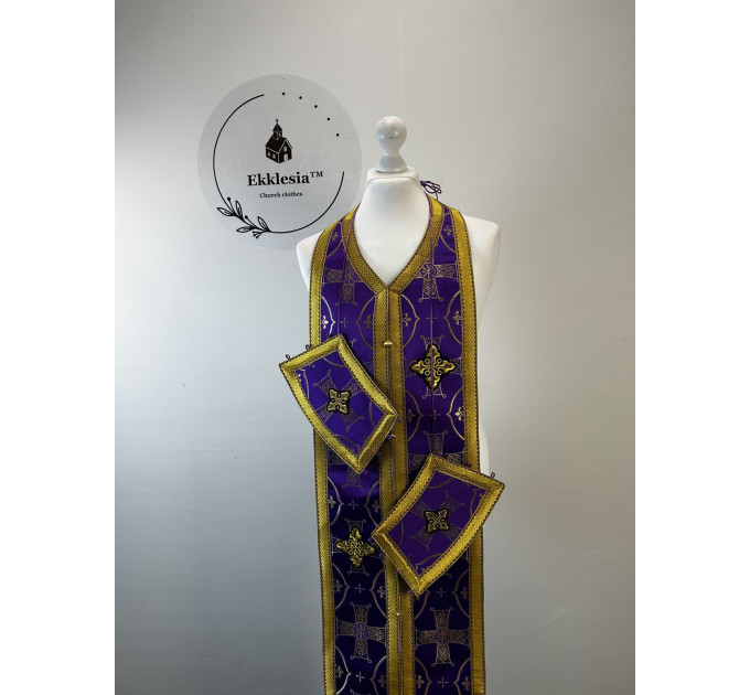 Epitrachil and cuffs in rich brocade - Communion set for priest - Stole and cuffs
