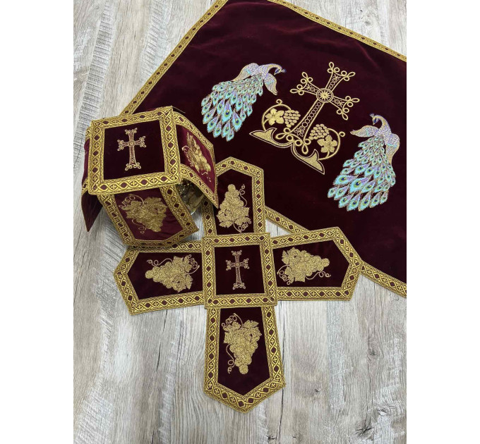 Embroidered Orthodox Chalice Covers with peacocks - Aer and chalice veil set - Chalice Covers