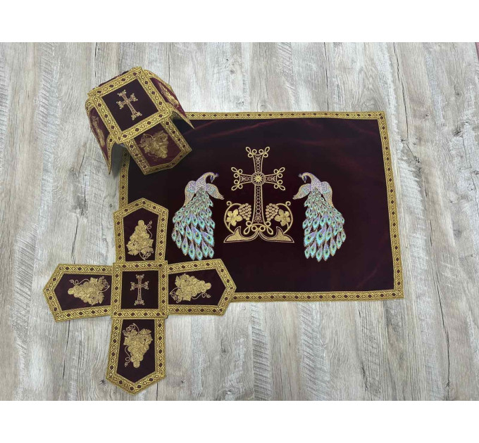 Embroidered Orthodox Chalice Covers with peacocks - Aer and chalice veil set - Chalice Covers