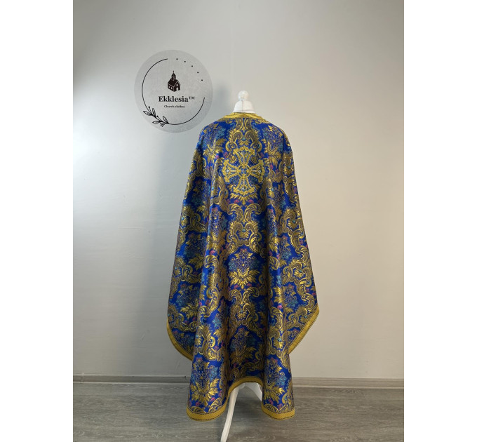 Greek style priest vestment - Phelon made of blue floral pattern brocade