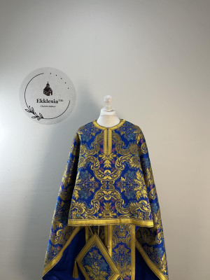 Greek style priest vestment - Phelon made of blue floral pattern brocade