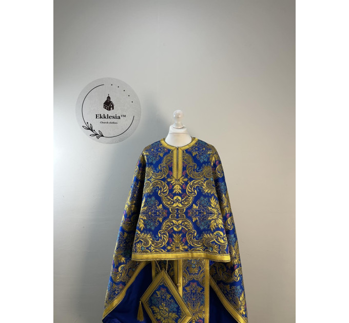 Greek style priest vestment - Phelon made of blue floral pattern brocade