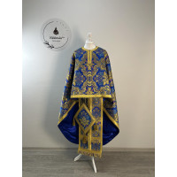 Greek style priest vestment - Phelon made of blue floral pattern brocade