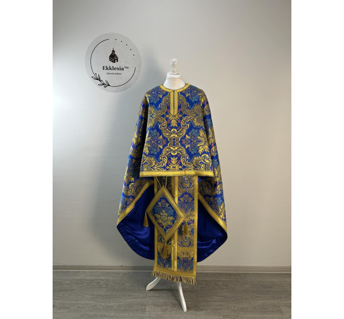 Greek style priest vestment - Phelon made of blue floral pattern brocade