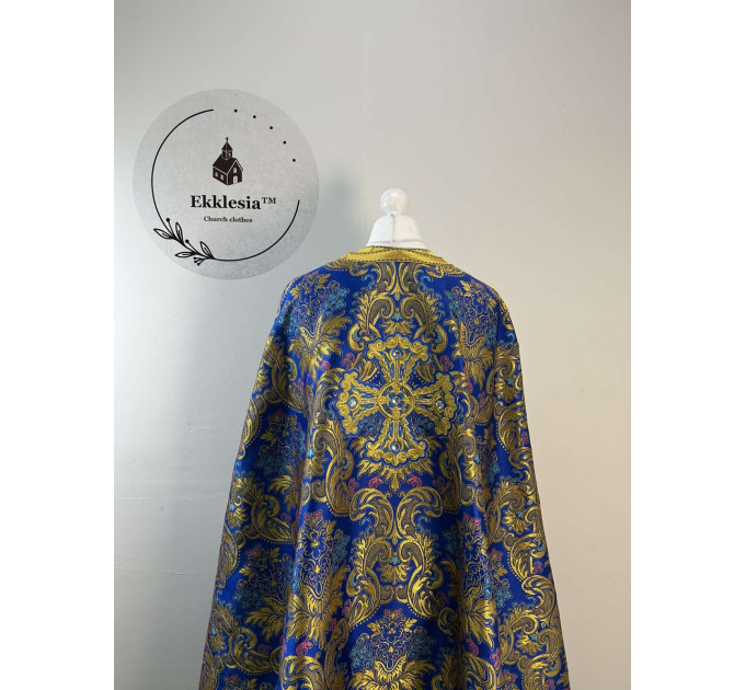 Greek style priest vestment - Phelon made of blue floral pattern brocade