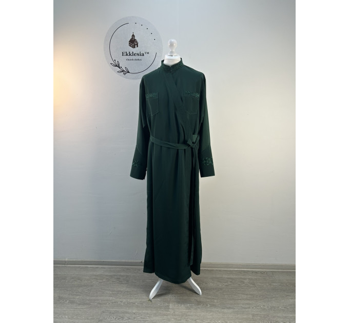 Embroidered Greek style cassock "Rhombus" on dark green wet silk