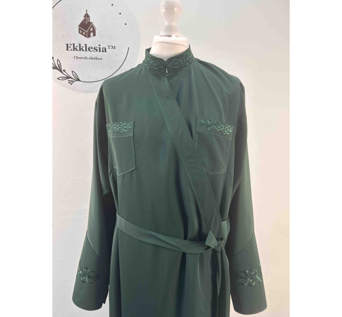 Embroidered Greek style cassock "Rhombus" on dark green wet silk