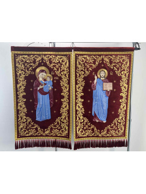 Embroidered banners on natural velvet - Pair of church gonfalon Embroidered banners on natural velvet - Pair of church gonfalon