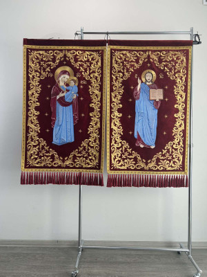 Embroidered banners on natural velvet - Pair of church gonfalon