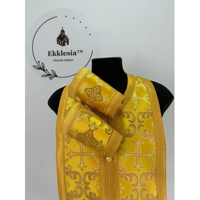 Yellow brocade epitrachil and cuffs - Communion set for priest - Stole and cuffs