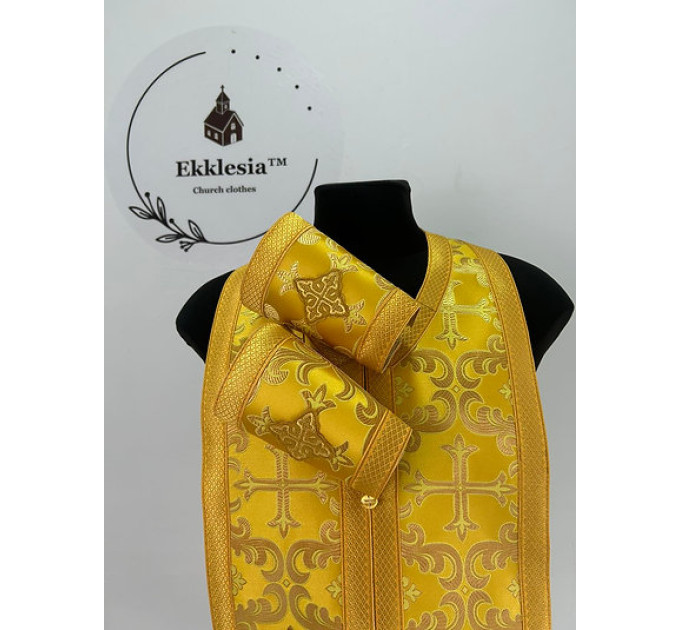 Yellow brocade epitrachil and cuffs - Communion set for priest - Stole and cuffs