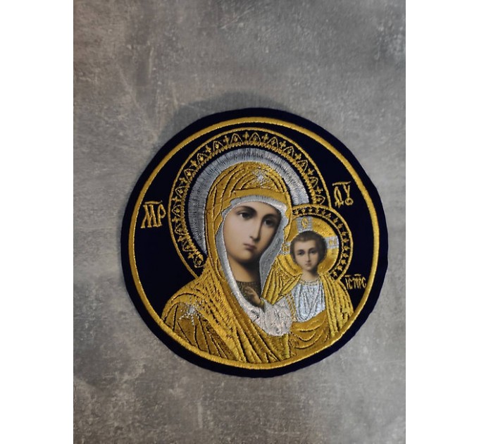 Liturgical embroidered vestment applique - Round icon patch- Machine embroidery icon of Virgin Mary