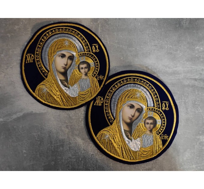 Liturgical embroidered vestment applique - Round icon patch- Machine embroidery icon of Virgin Mary