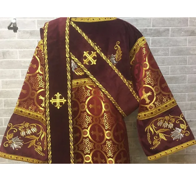 Combined velvet and brocade Deacon's vestments set - Deacon's alb - Orthodox