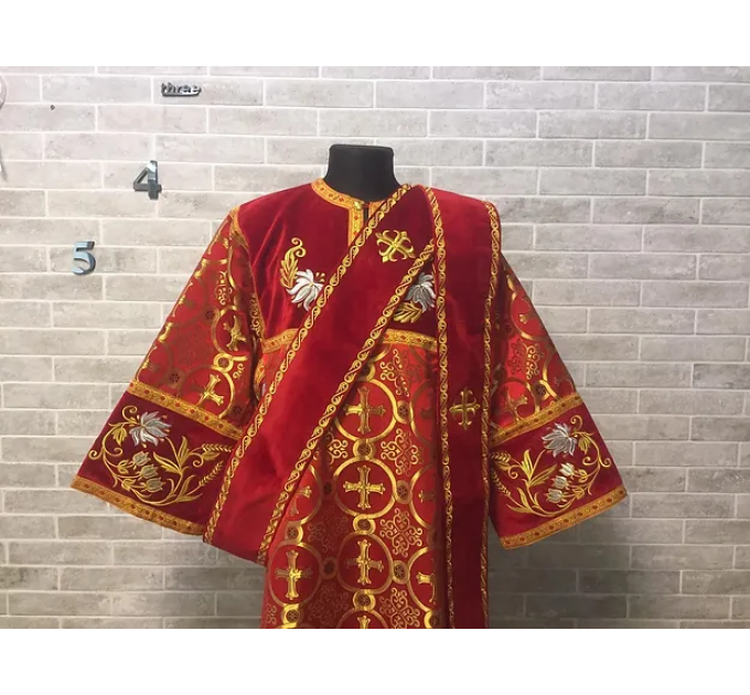 Combined velvet and brocade Deacon's vestments set - Deacon's alb - Orthodox