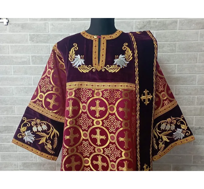 Combined velvet and brocade Deacon's vestments set - Deacon's alb - Orthodox