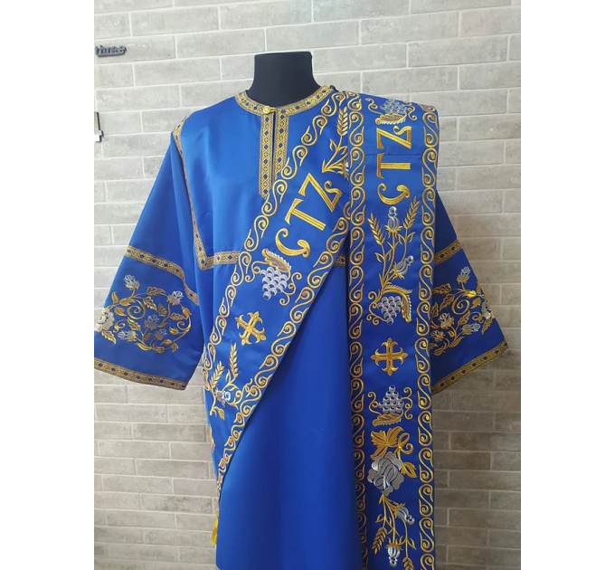 Embroidered Deacon's Vestment with Slavic double orar - Protodeacon's blue orar