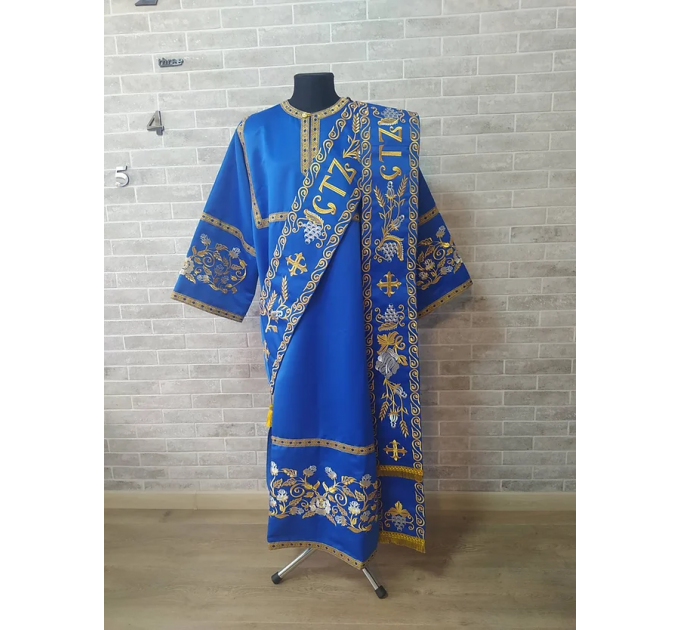 Embroidered Deacon's Vestment with Slavic double orar - Protodeacon's blue orar