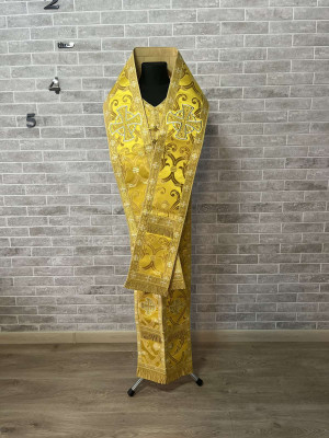 Bishop's Communion set in yellow brocade - Bishop Stole and cuffs in brocade - Bishop set - Small omophorion - Epitrakhilion and cuffs