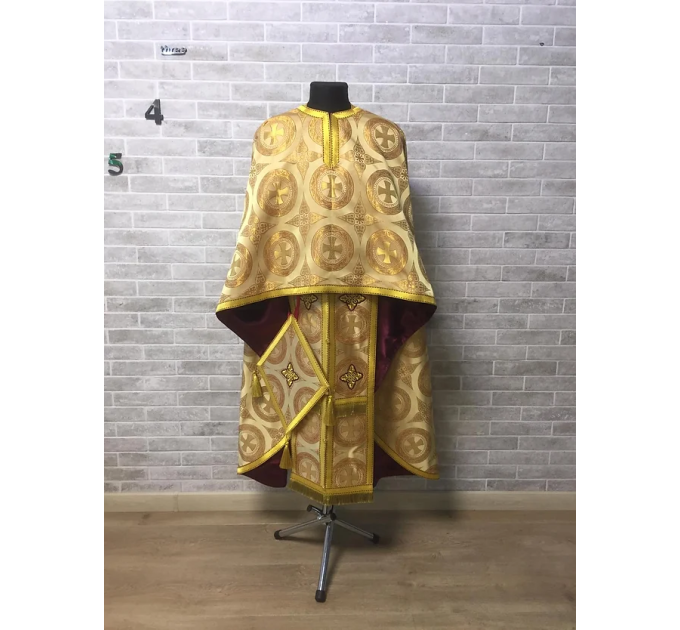 Gold vestment set in Greek brocade with icon - Orthodox priest liturgical cloth