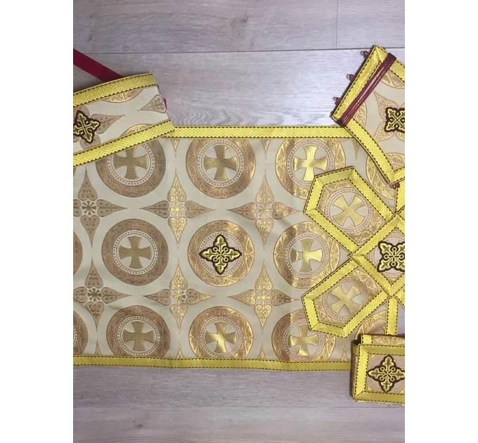 Gold vestment set in Greek brocade with icon - Orthodox priest liturgical cloth