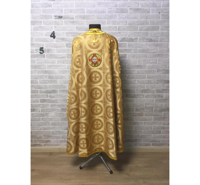 Gold vestment set in Greek brocade with icon - Orthodox priest liturgical cloth