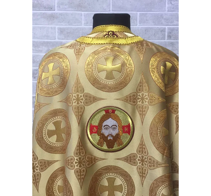 Gold vestment set in Greek brocade with icon - Orthodox priest liturgical cloth