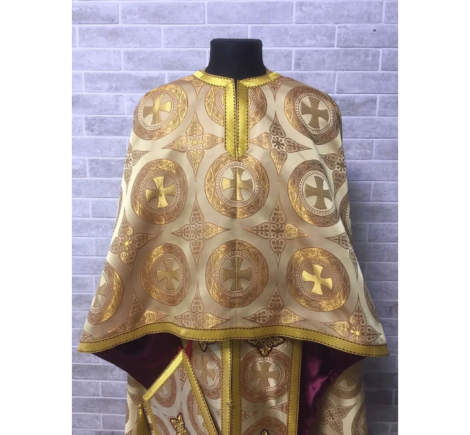 Gold vestment set in Greek brocade with icon - Orthodox priest liturgical cloth