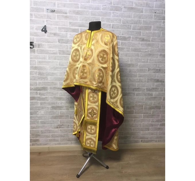 Gold vestment set in Greek brocade with icon - Orthodox priest liturgical cloth