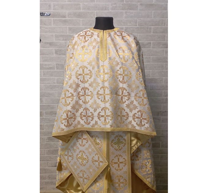 White-gold greek vestment - Priest liturgical vestment set - Phelon, stole, cuff