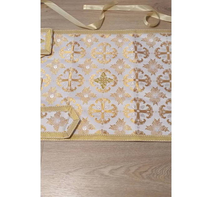 White-gold greek vestment - Priest liturgical vestment set - Phelon, stole, cuff