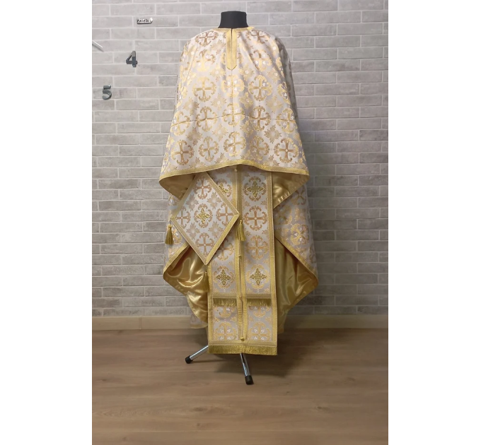 White-gold greek vestment - Priest liturgical vestment set - Phelon, stole, cuff