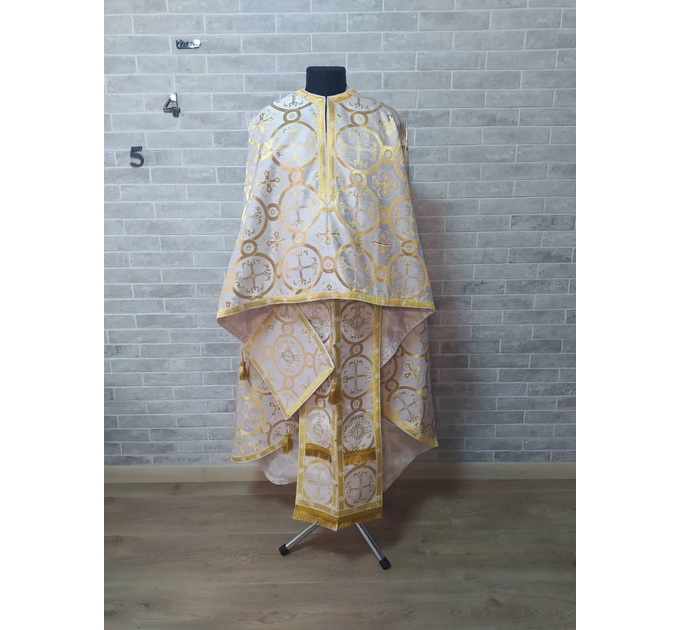 White Greek style vestments set in Nika brocade - Liturgical clothes for priest