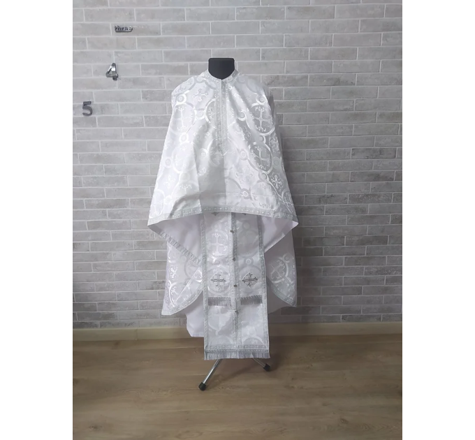 White Greek style vestments set in Nika brocade - Liturgical clothes for priest