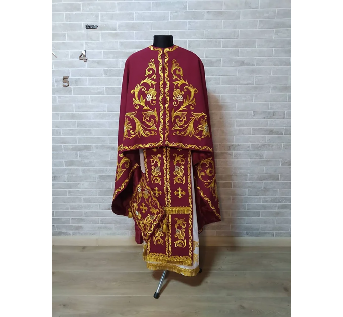 Dark red greek vestment - Orthodox clothes - Priest embroidered clothes